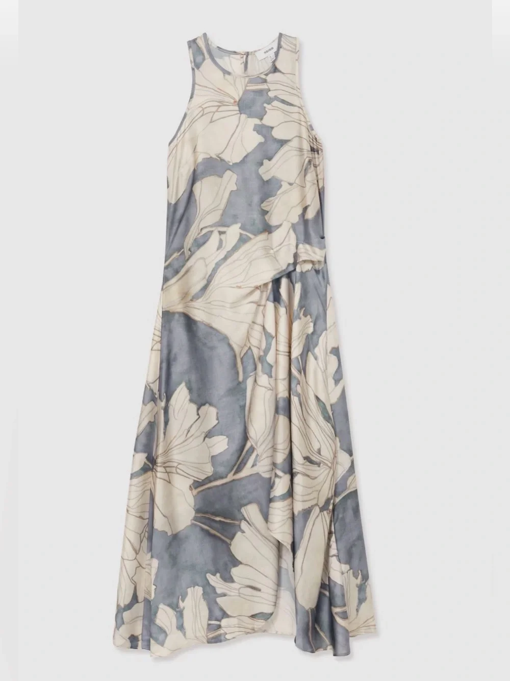 REISS Mieke Satin Floral Drape Midi Dress in Blue Size US 2 NEW with tag